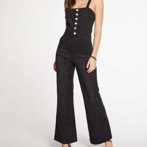 Chaser Washed Black Button Down Wide Leg Jumpsuit